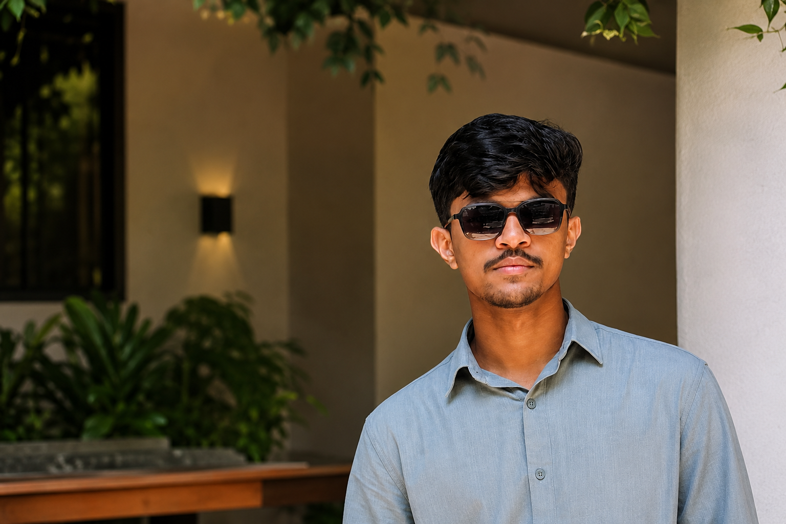 a crisp outdoor porch portrait scene a young sout